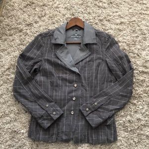 Gray checked 100%cotton set, jacket M & A-Line skirt 30, CECIL, lots of details